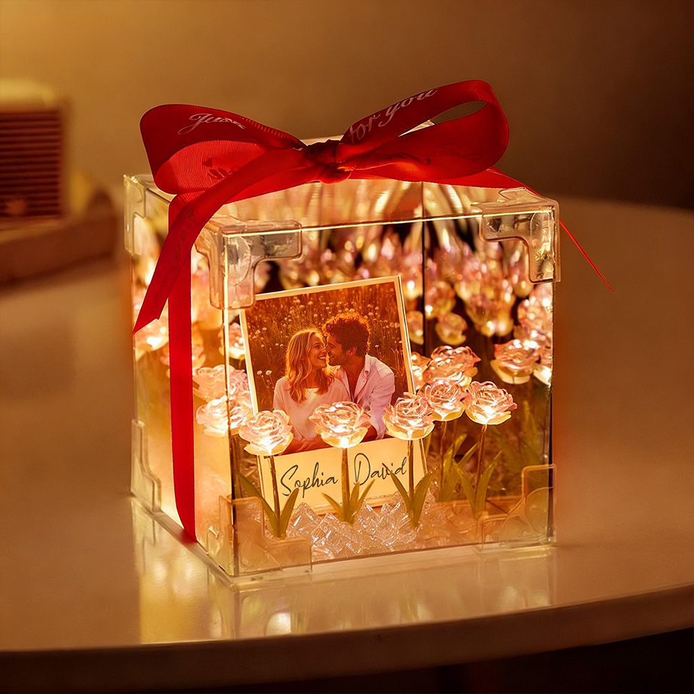 Custom Photo Flower Infinity DIY Infinity Mirror Flower Box with Your Picture and Text Night Light - MyhawaiianshirtsUK