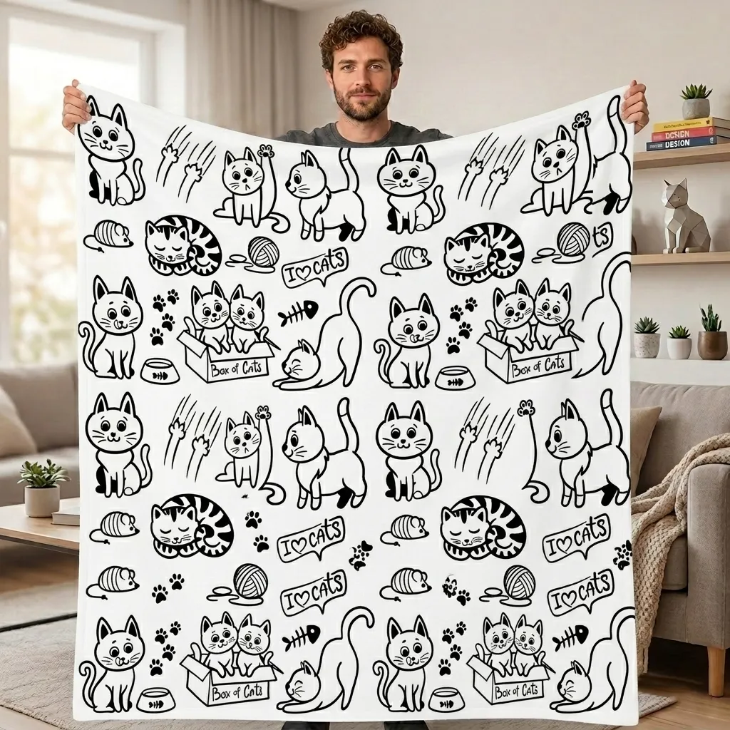 DIY Creative Doodle Blanket,Box of Cats, Customizable Washable Colorfast Art Blanket for Kids & Adults - MyhawaiianshirtsUK