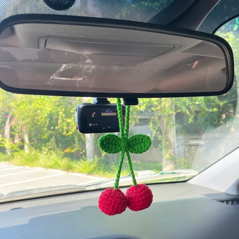 Crochet Cherry Car Mirror Hanging: Handmade Knitted Car Accessory - MyhawaiianshirtsUK