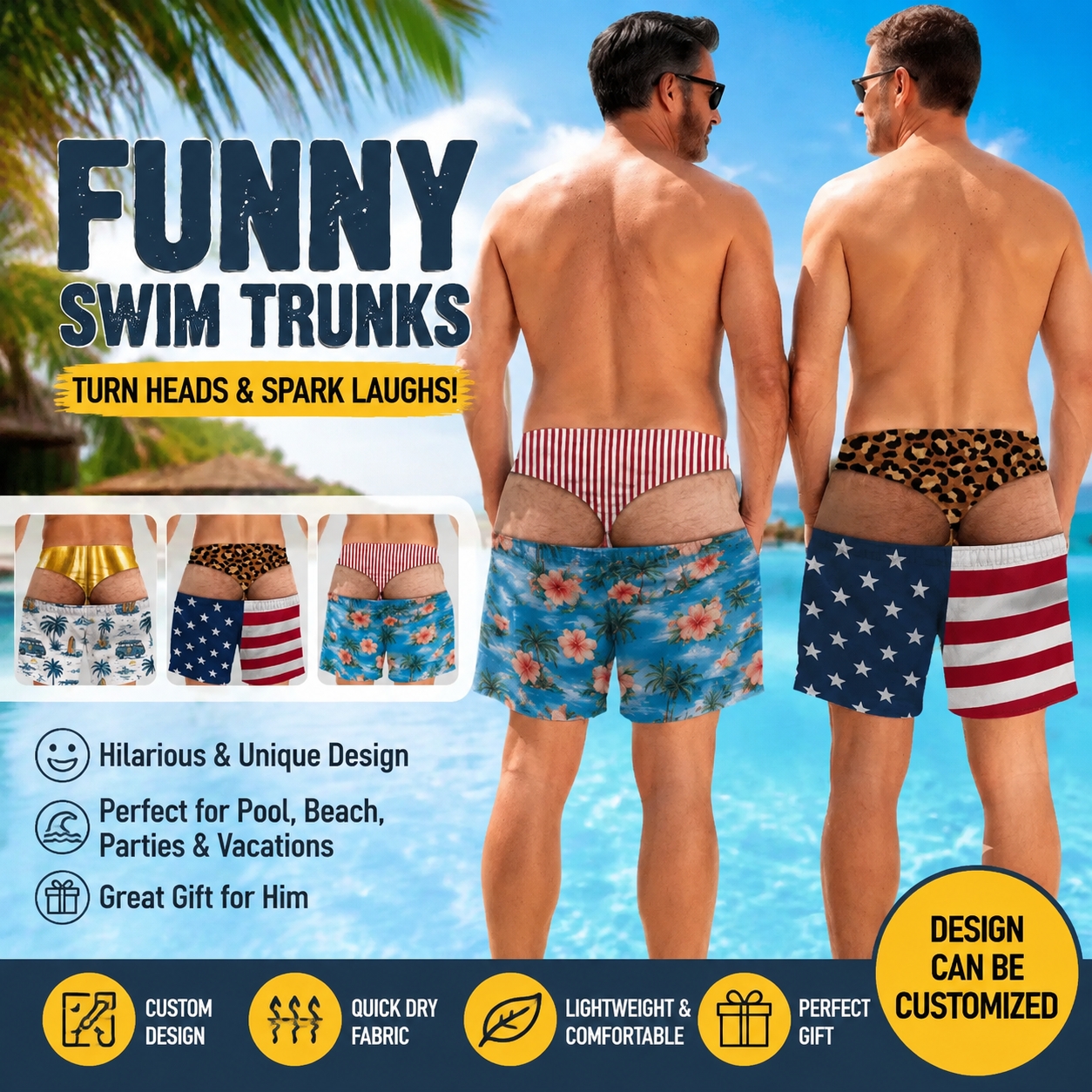 Funny Men's Optical Illusion Swim Trunks – Novelty Beach Board Shorts for Summer Parties