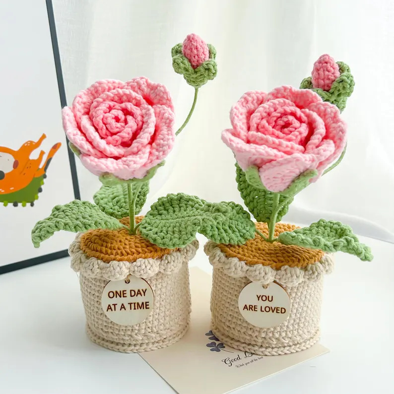 Handmade Crocheted Rose Potted Plant, Yarn Flower Gift for Home Decor - MyhawaiianshirtsUK