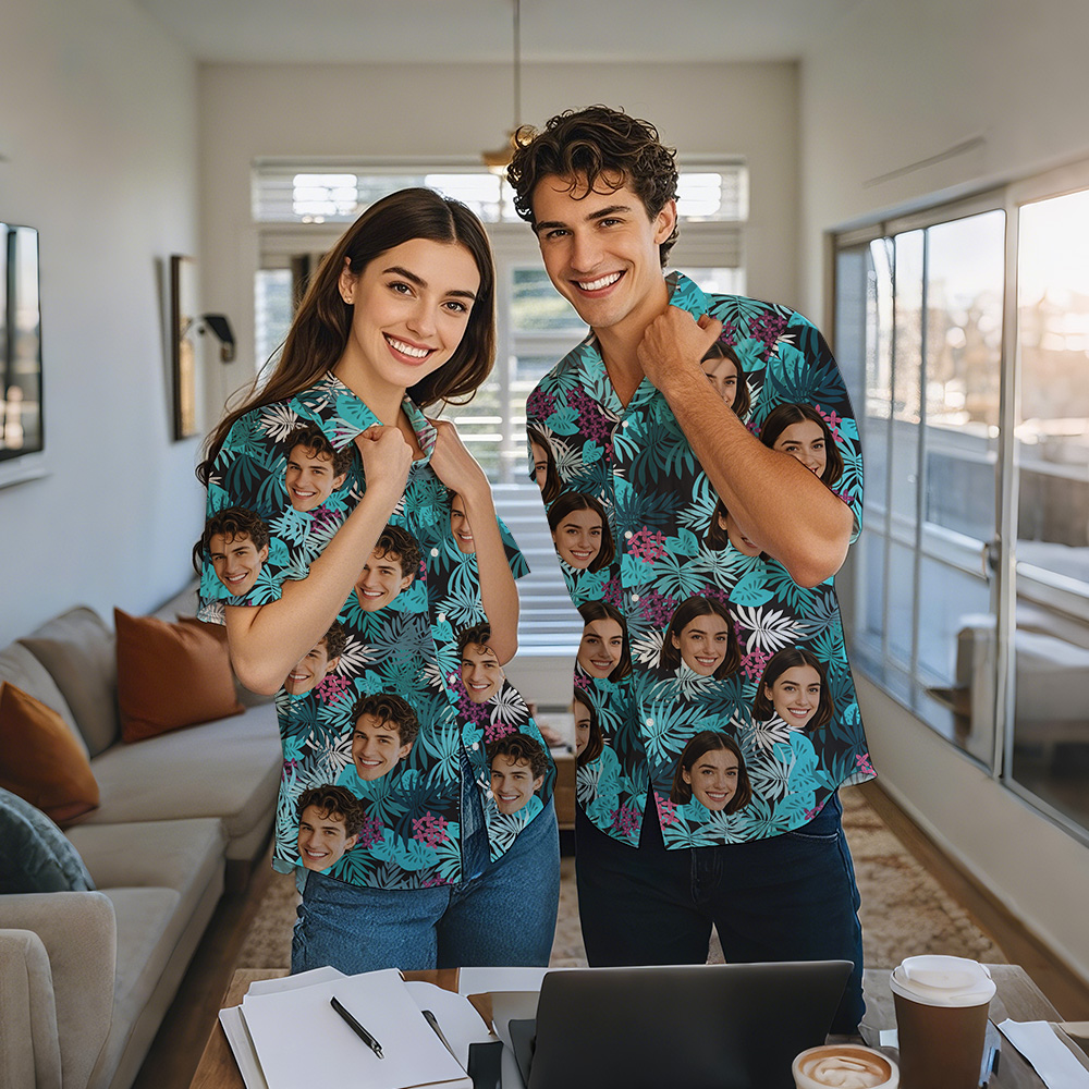 Chemise Personnalisée Chemises Hawaïennes De Couple Personnalisées Avec Des Chemises Aloha De Visage De Plante Tropicale-MyHawaiianShirtsFR