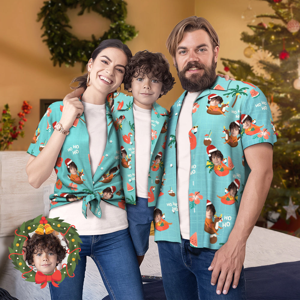 Chemise PersonnaliséeTenue Hawaïenne Assortie Pour Famille, Visage Personnalisé, Fête De Noël À La Piscine, Vêtements Parent-enfant-MyHawaiianShirtsFR