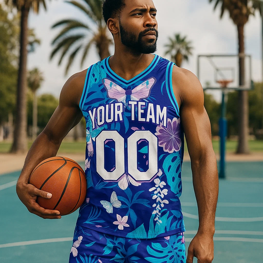 Maillot De Basket-ball Personnalisé À Motif 3d Tropical En Forme De V Avec Feuilles Hawaïennes, Nom Et Numéro - MyHawaiianShirtsFR