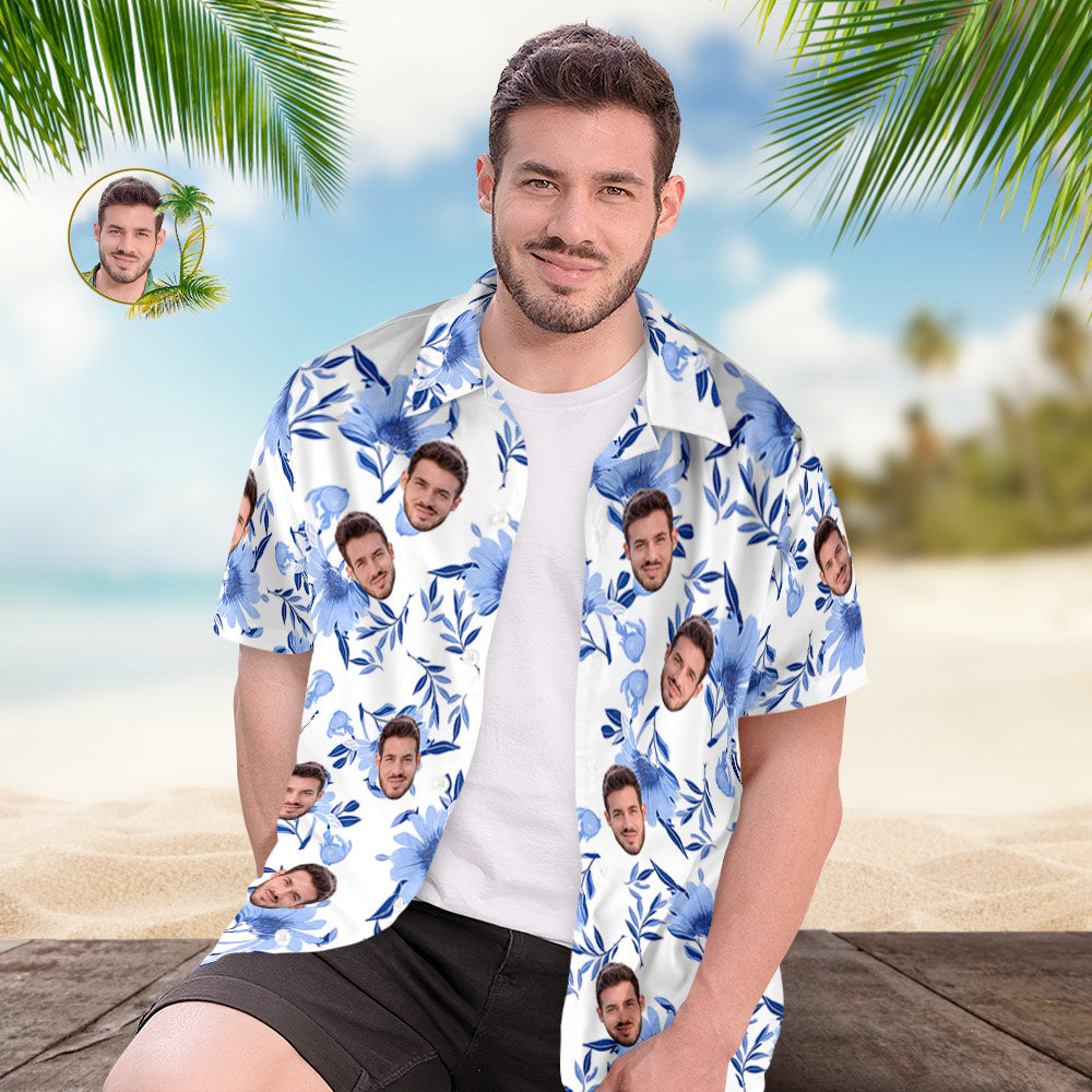 Chemise Hawaïenne Pour Hommes Avec Visage Personnalisé Imprimé Feuilles Bleues, Cadeau Pour Lui-MyHawaiianShirtsFR
