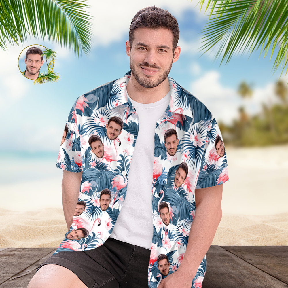 Chemise Hawaïenne Pour Hommes Avec Visage Personnalisé Imprimé Flamant Rose Et Fleurs Feuilles Bleues-MyHawaiianShirtsFR