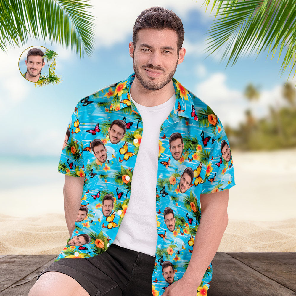 Chemise Hawaïenne Pour Hommes Avec Visage Personnalisé Imprimé Papillons, Fleurs Et Feuilles Jaunes-MyHawaiianShirtsFR