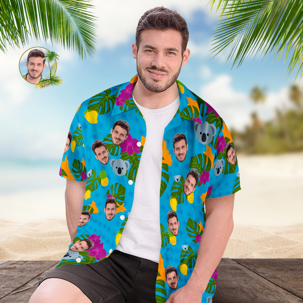Chemise Hawaïenne Pour Hommes, Visage Personnalisé Imprimé Partout, Mignon Koala Et Feuilles, Cadeau Pour Lui-MyHawaiianShirtsFR