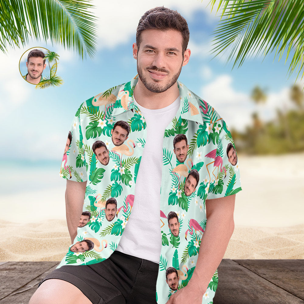 Chemise Hawaïenne Personnalisée Avec Visage Imprimé Sur Tout Le Visage, Feuilles Vertes Et Flamant Rose-MyHawaiianShirtsFR