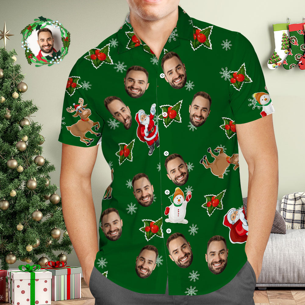 Chemise Hawaïenne Avec Visage Personnalisé, Photo Verte, Chemises Hawaïennes, Père Noël Et Bonhomme De Neige, Cadeau De Noël Pour Lui-MyHawaiianShirtsFR