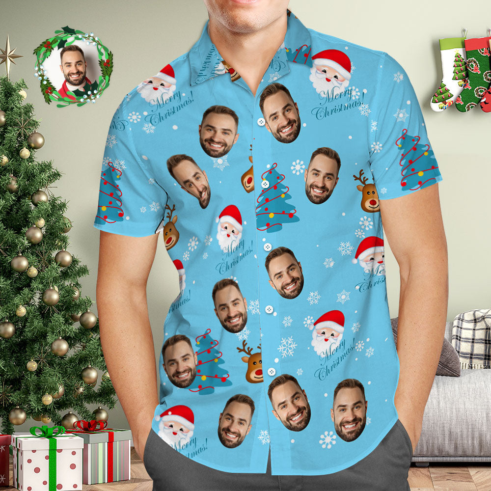 Chemise Hawaïenne Avec Visage Personnalisé, Photo Personnalisée, Chemises Hawaïennes Bleues, Joyeux Noël-MyHawaiianShirtsFR