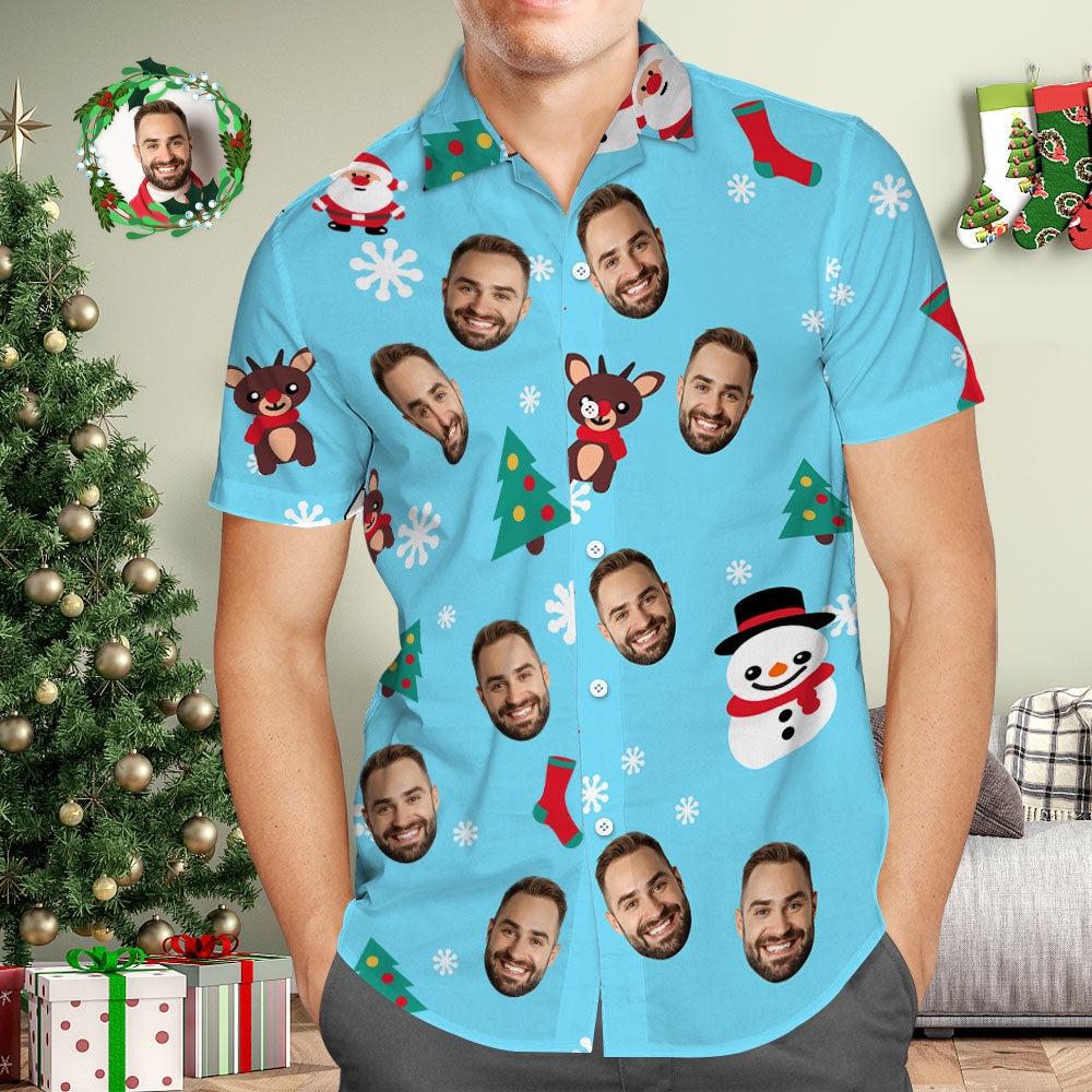 Chemise Hawaïenne Avec Visage Personnalisé, Photo Personnalisée, Chemises Hawaïennes Bleues, Bonhomme De Neige Et Élan, Cadeau De Noël Pour Lui-MyHawaiianShirtsFR