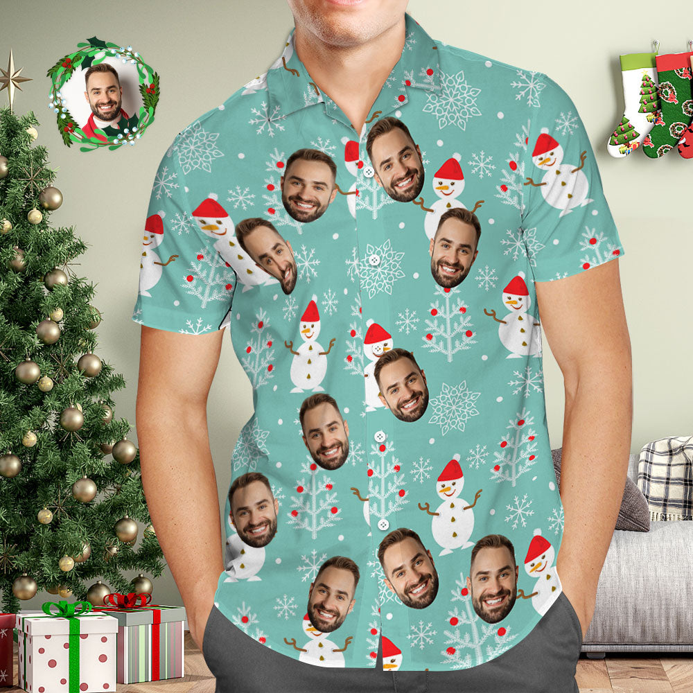 Chemise Hawaïenne Avec Visage Personnalisé, Photo Personnalisée, Chemises Hawaïennes Bleues, Père Noël, Joyeux Noël-MyHawaiianShirtsFR