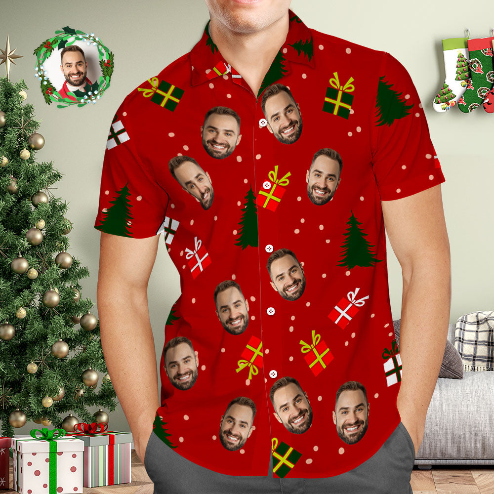 Chemise Hawaïenne Pour Hommes Avec Visage Personnalisé, Photo Personnalisée, Chemises Hawaïennes Rouges, Arbre De Noël Et Cadeaux Joyeux Noël-MyHawaiianShirtsFR