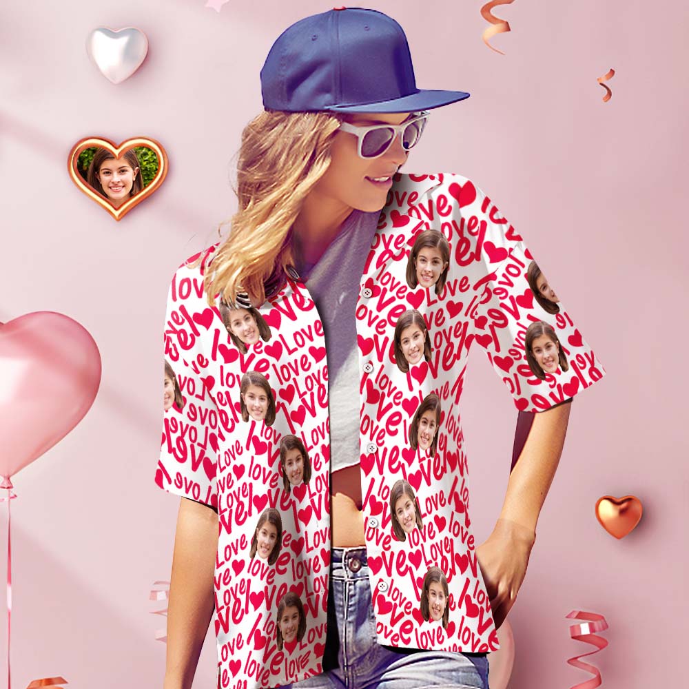 Chemise PersonnaliséeChemise Hawaïenne Avec Visage Personnalisé Pour Femmes, Chemise D'amour Imprimée Partout, Cadeaux De Saint-valentin Pour Elle-MyHawaiianShirtsFR