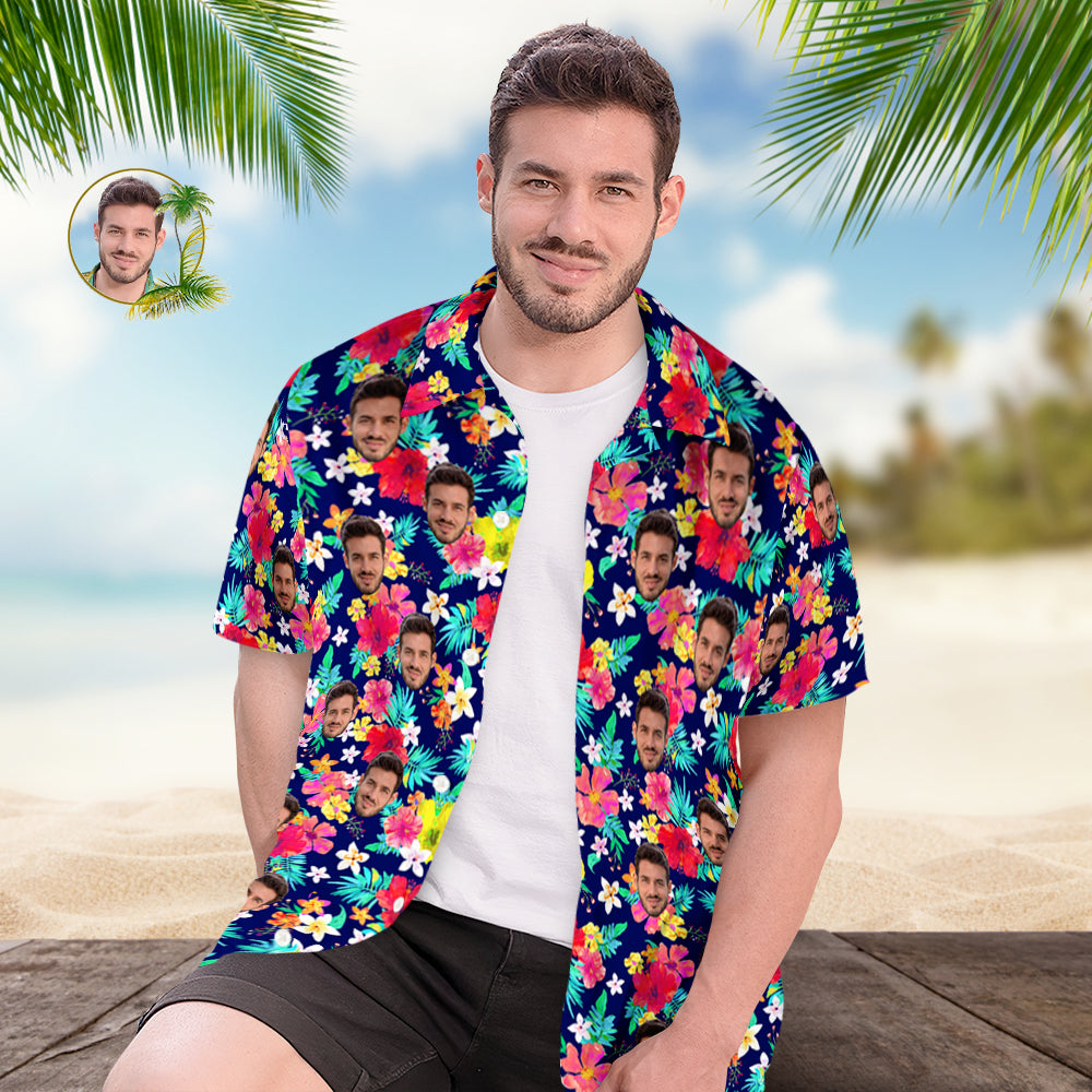 Chemise PersonnaliséeChemise Hawaïenne Personnalisée Pour Hommes, Chemise Personnalisée À Manches Courtes Avec Photo De Visage Imprimée, Chemise Hawaïenne À Fleurs Colorées-MyHawaiianShirtsFR
