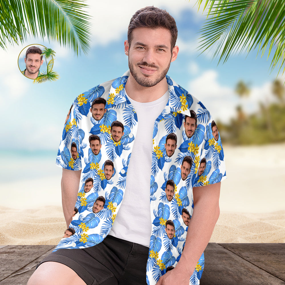 Chemise PersonnaliséeChemise Hawaïenne Personnalisée Pour Hommes, Chemise Personnalisée À Manches Courtes Avec Photo Du Visage, Chemise Hawaïenne Imprimée, Fleur Bleue-MyHawaiianShirtsFR