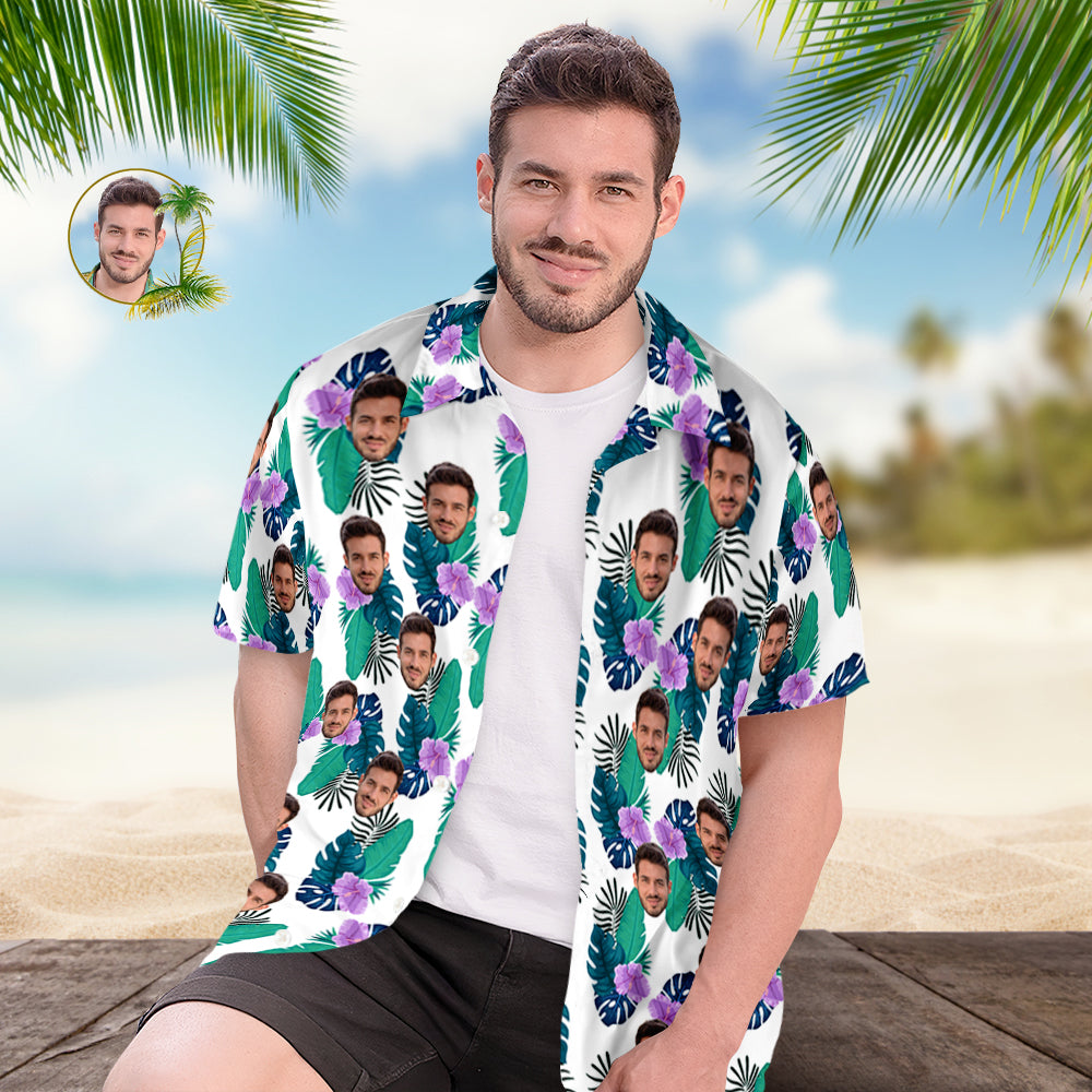 Chemise PersonnaliséeChemise Hawaïenne Personnalisée Pour Hommes, Chemise Personnalisée À Manches Courtes Avec Photo Du Visage, Chemise Hawaïenne Imprimée, Fleur Verte-MyHawaiianShirtsFR