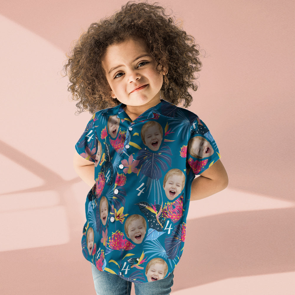 Chemise PersonnaliséeNuméro De Chemise Hawaïenne Personnalisé Pour Enfant Et Visage Chemise Hawaïenne Manches Bleu Foncé Et Fleurs Roses Cadeau-MyHawaiianShirtsFR