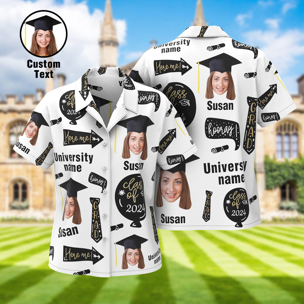 Chemise Hawaïenne Personnalisée Pour Remise De Diplôme Avec Visage Et Nom De L'université. Chemises Aloha Personnalisées Pour Femmes Pour Fête De Remise De Diplôme. - MyHawaiianShirtsFR
