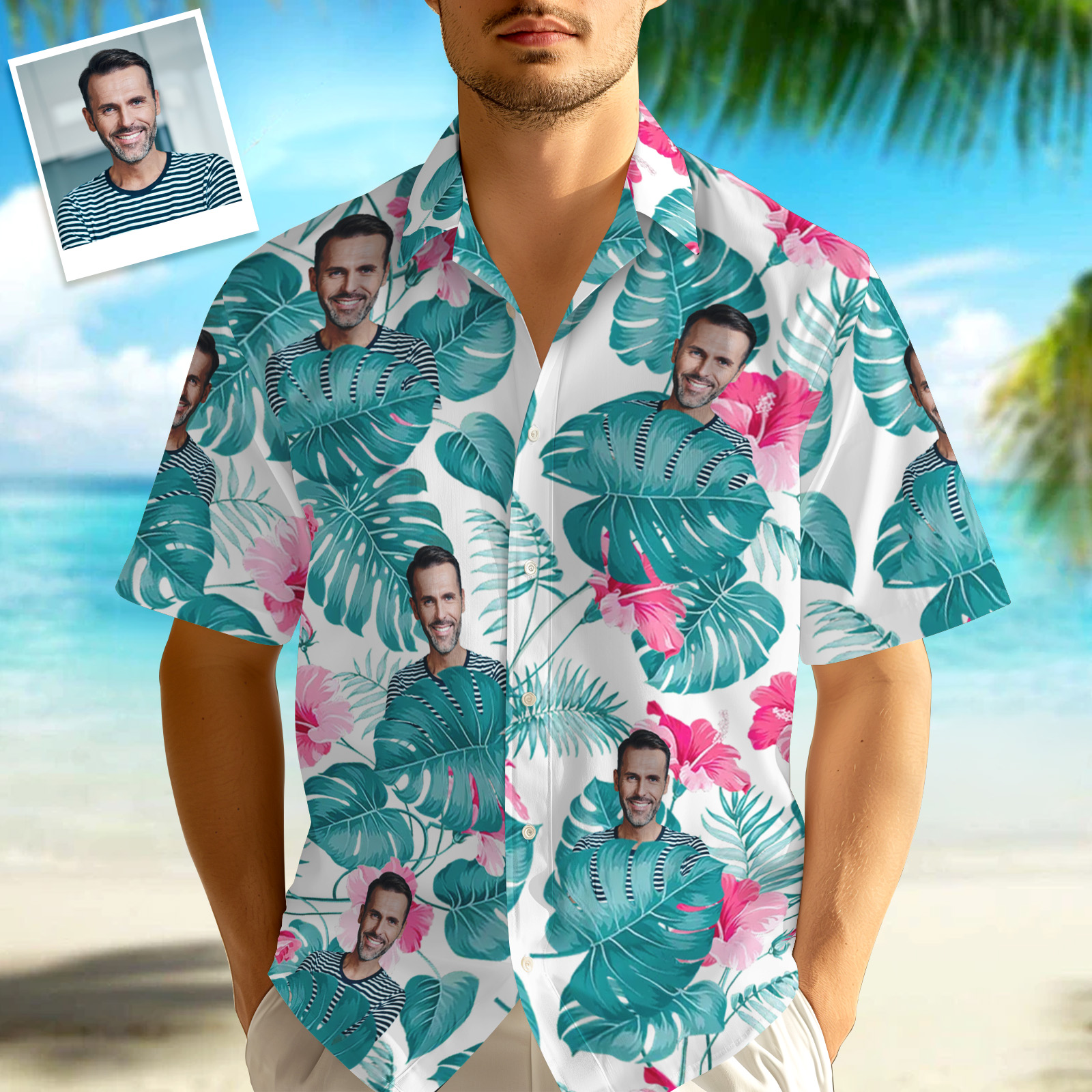 Chemise Hawaïenne Avec Photo Personnalisée, Feuilles Bleues, Visage Personnalisé, Chemise Hawaïenne Flamant Rose-MyHawaiianShirtsFR