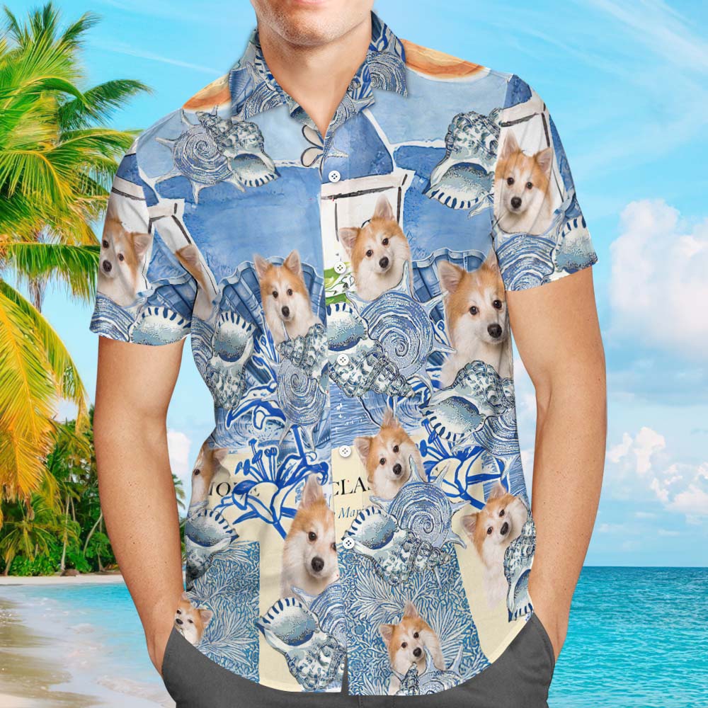 Chemise Hawaï Avec Photo Personnalisée, Esthétique Bleue, Chien - MyHawaiianShirtsFR