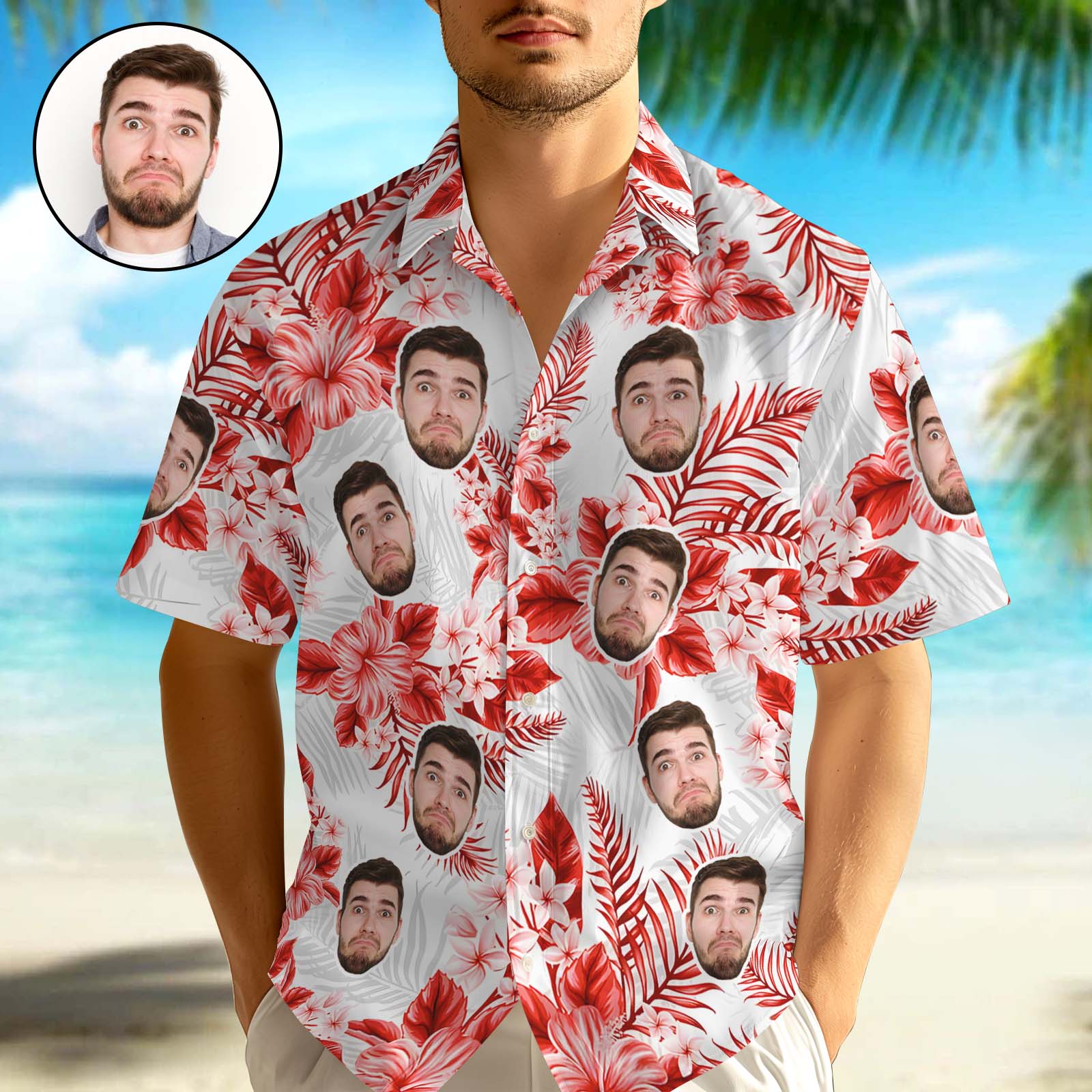 Chemise Personnalisée Chemises Hawaïennes À Visage Personnalisé, Chemises Boutonnées À Feuilles De Fleurs Rouges, Chemises Personnalisées Pour Hommes-MyHawaiianShirtsFR