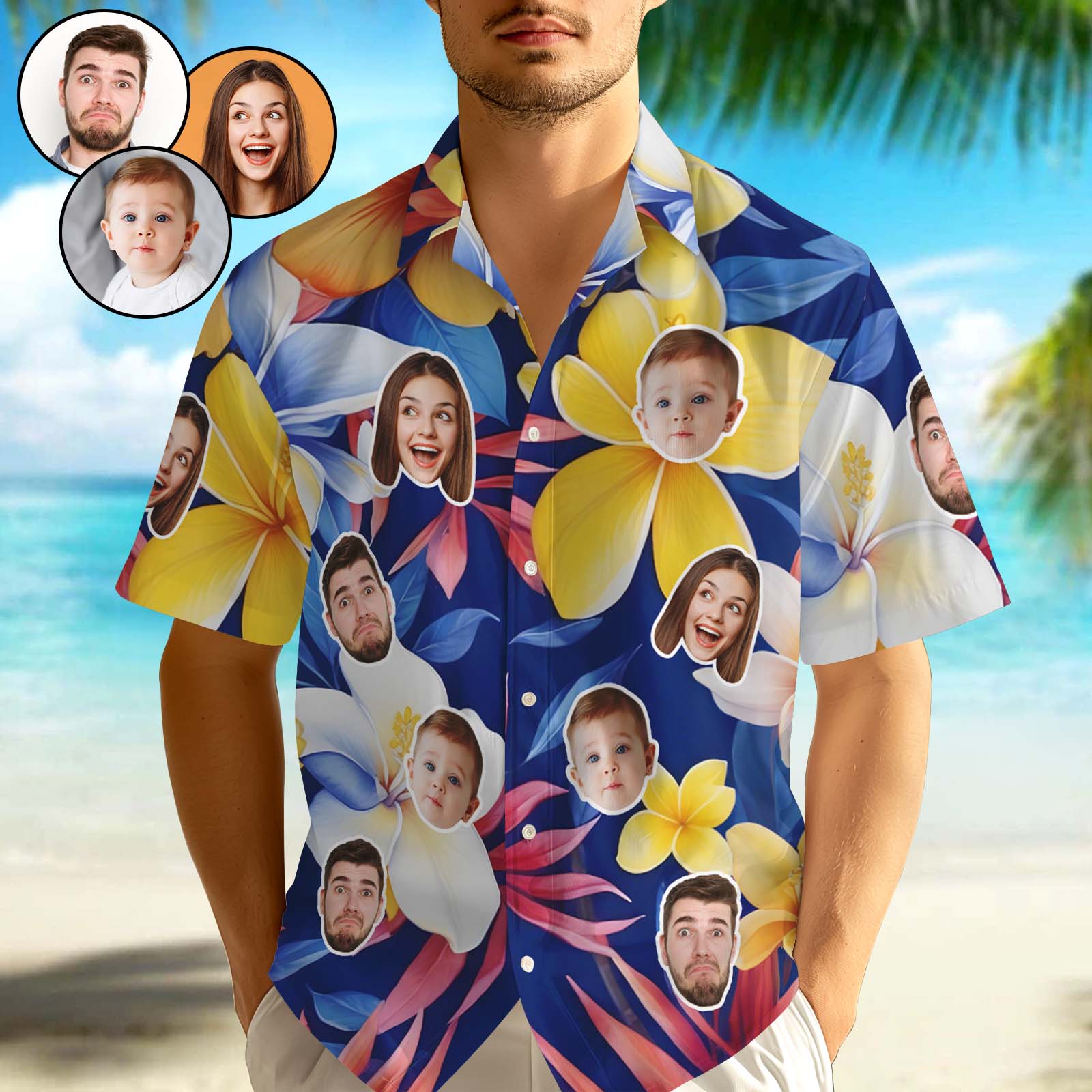 Chemise Personnalisée Chemises Hawaïennes 1-3 Visages, Chemises Boutonnées Personnalisées Avec Chemise Tropicale Plumeria Pour Hommes-MyHawaiianShirtsFR