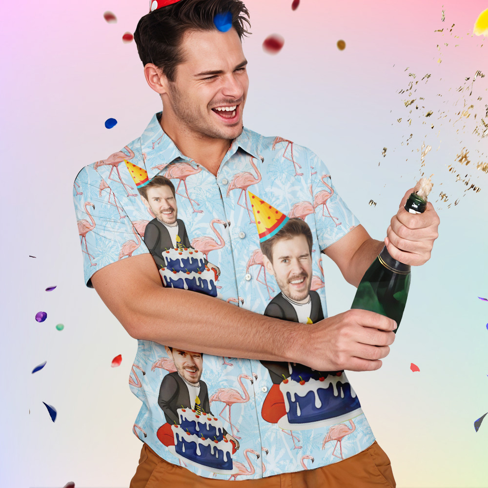 Chemise Personnalisée Chemises Boutonnées D'anniversaire De Dessin Animé Personnalisées Avec Flamant Rose Et Cadeau D'anniversaire De Gâteau Pour Lui-MyHawaiianShirtsFR