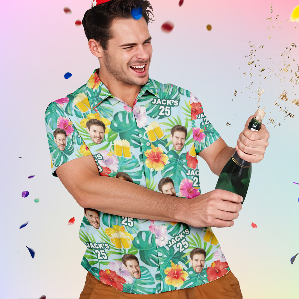 Chemise Personnalisée Chemise D'anniversaire Avec Photo Personnalisée, Plantes Tropicales Et Bière, Chemises Hawaïennes Avec Âge Et Nom, Cadeau D'anniversaire-MyHawaiianShirtsFR