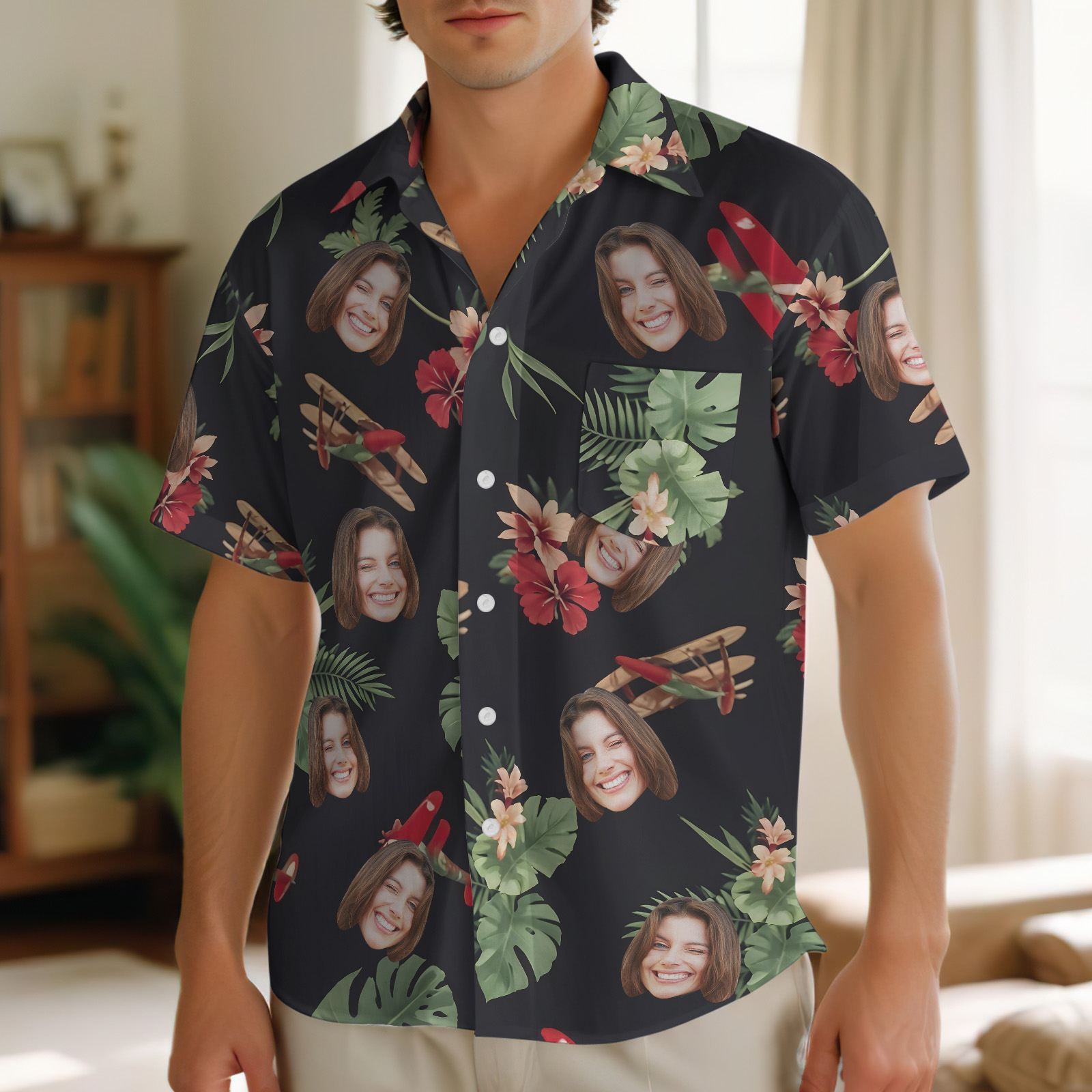 Chemise Personnalisée Chemises À Fleurs Et Feuilles Tropicales Noires Avec Visage Personnalisé, Chemises De Plage Personnalisées Pour Lui-MyHawaiianShirtsFR