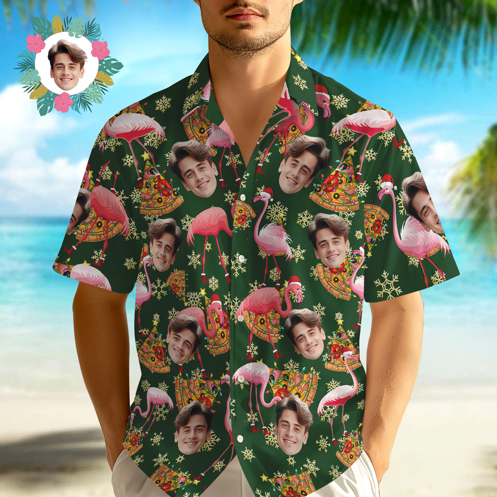 Chemise Personnalisée Chemises Avec Visage Personnalisé Joyeux Noël Chemises Boutonnées Avec Visage Personnalisé Avec Flamant Rose-MyHawaiianShirtsFR