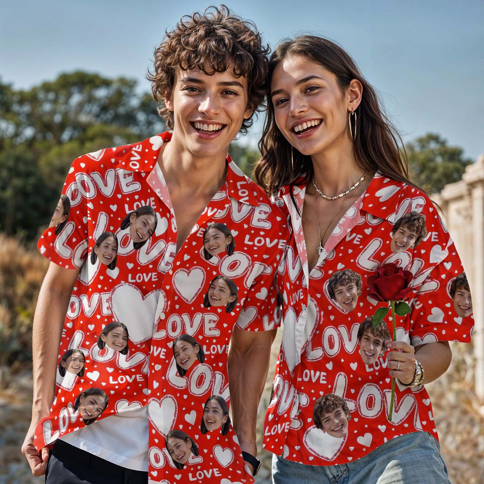 Chemise Personnalisée Chemise Hawaïenne De Couple Personnalisée, Chemise Boutonnée Rouge Avec Cœur Et Amour, Cadeau De Saint-valentin