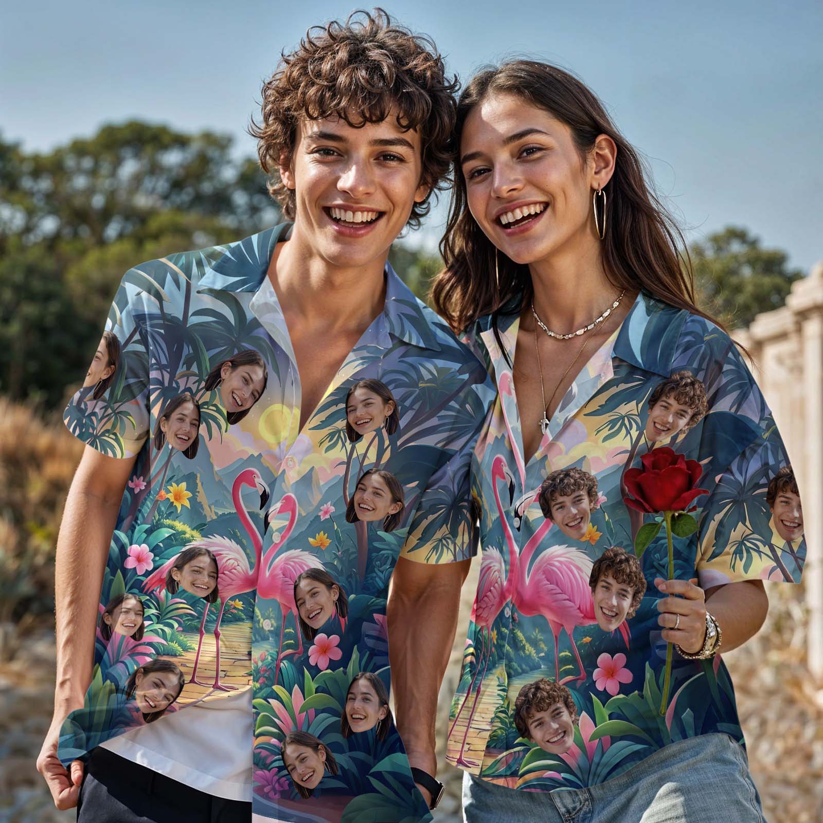 Chemise Personnalisée Chemise Hawaïenne À Visage Personnalisé, Chemise De Style Tropical Flamant Rose, Chemise Boutonnée De Saint-valentin Pour Couple-MyHawaiianShirtsFR