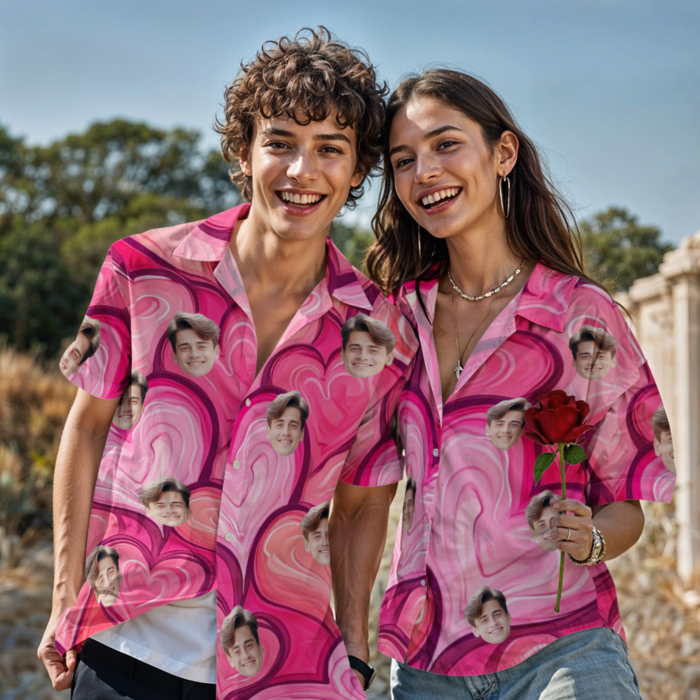 Chemise Personnalisée Chemise Hawaïenne Personnalisée En Forme De Cœur Rose Pour Couple, Chemise Boutonnée, Cadeaux Pour Couple