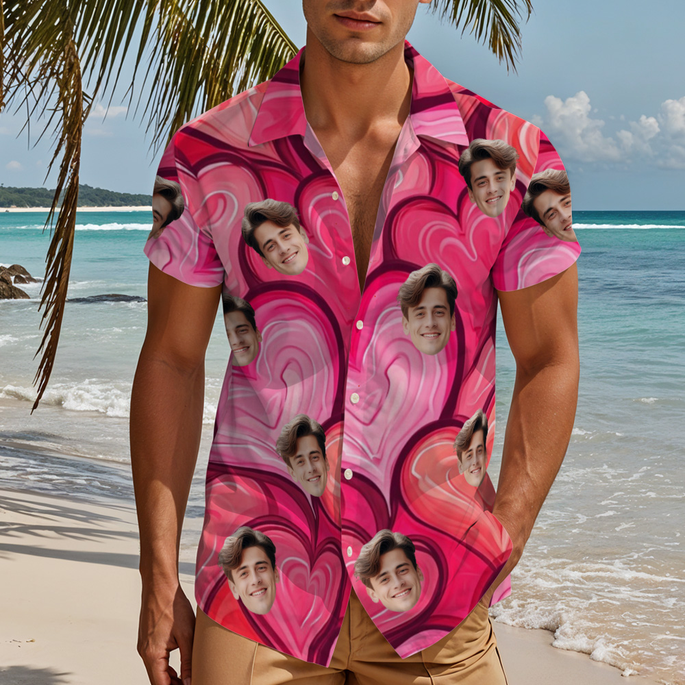 Chemise Personnalisée Chemise Hawaïenne Personnalisée En Forme De Cœur Rose Pour Couple, Chemise Boutonnée, Cadeaux Pour Couple