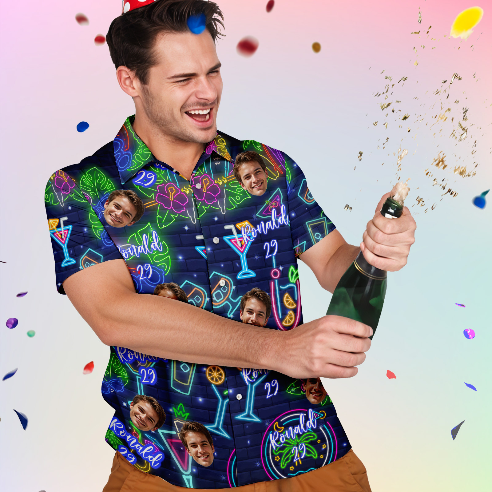 Chemise Hawaïenne De Fête Au Néon Personnalisée, Chemise D'anniversaire Avec Visage Et Âge - MyHawaiianShirtsFR