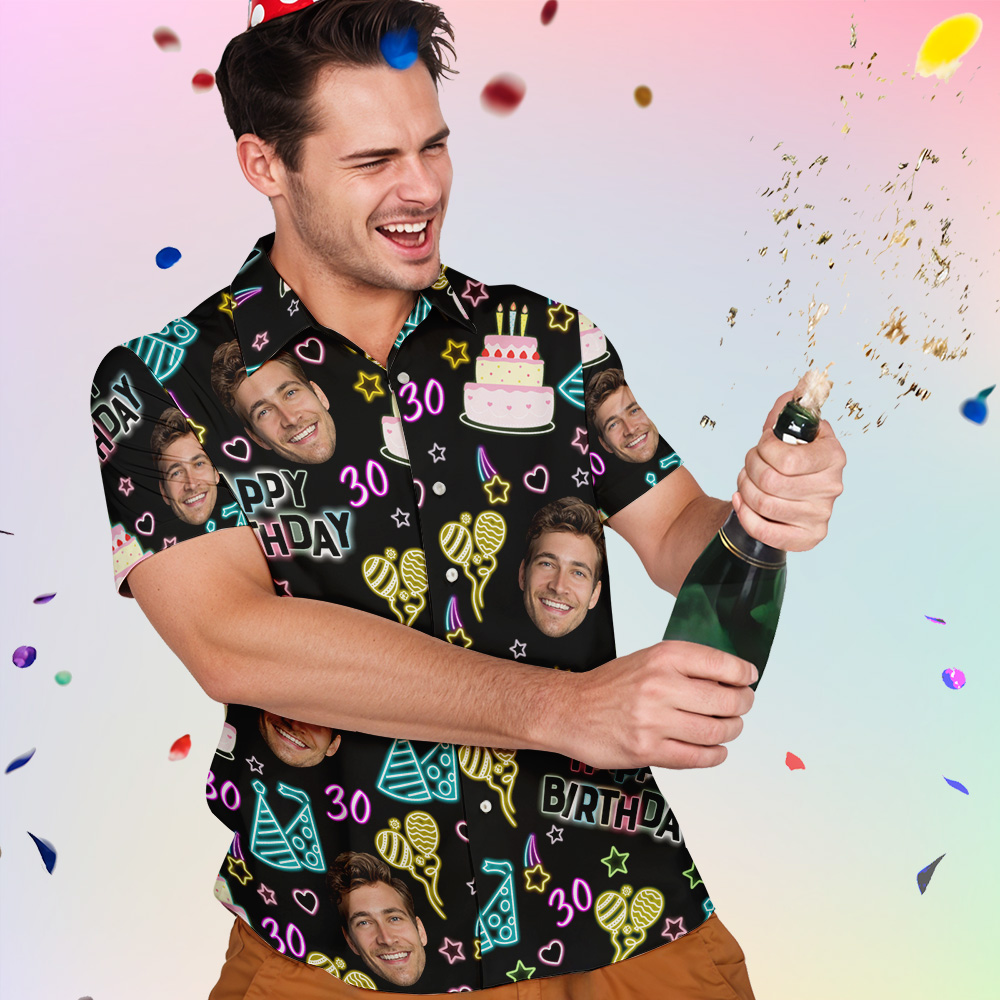 Chemise Hawaïenne D'anniversaire Personnalisée Avec Visage, Tenue De Fête Amusante Pour Lui - MyHawaiianShirtsFR