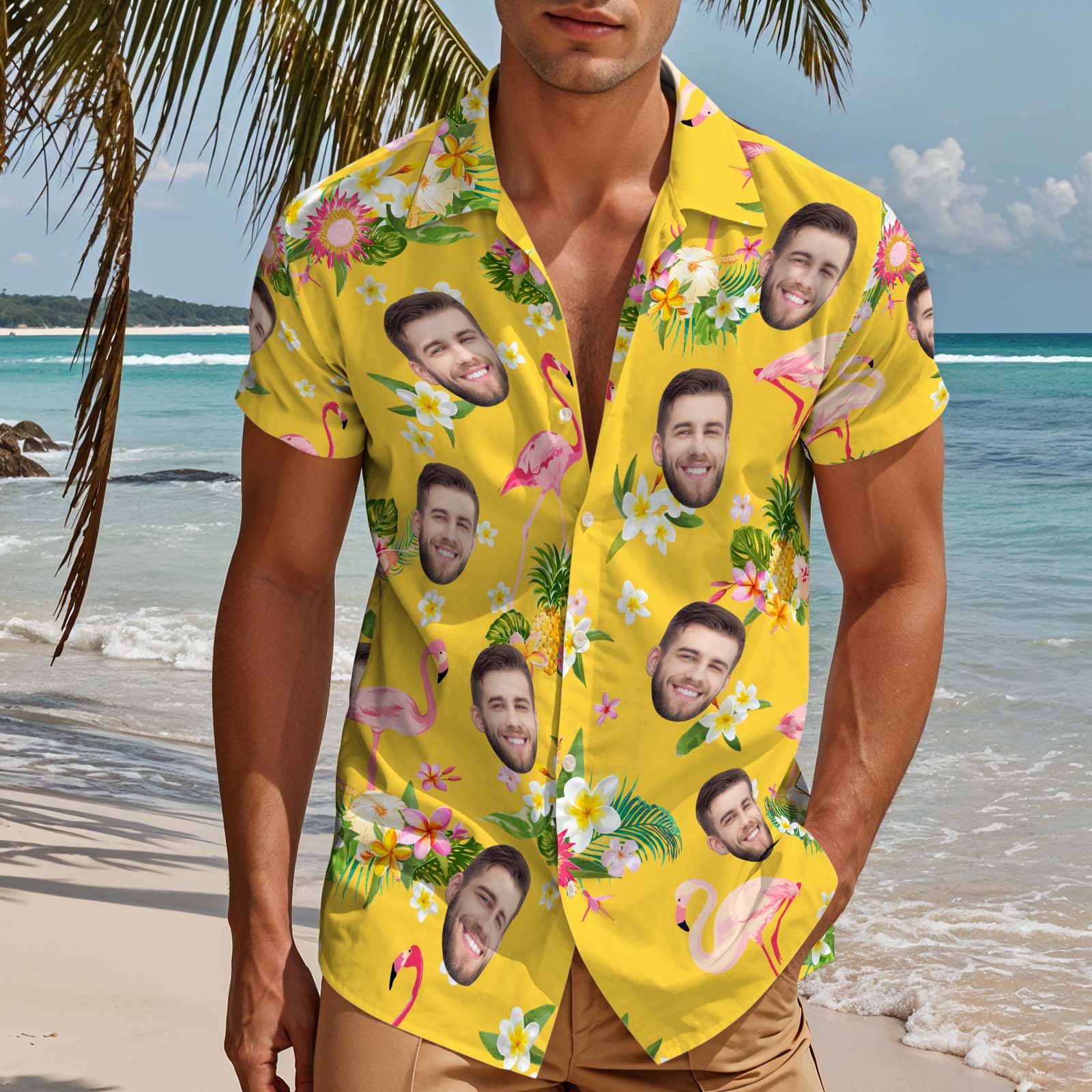 Chemises Hawaïennes Personnalisées Avec Plantes Tropicales Et Flamants Roses, Chemise Aloha Pour Lui, Jaune - MyHawaiianShirtsFR