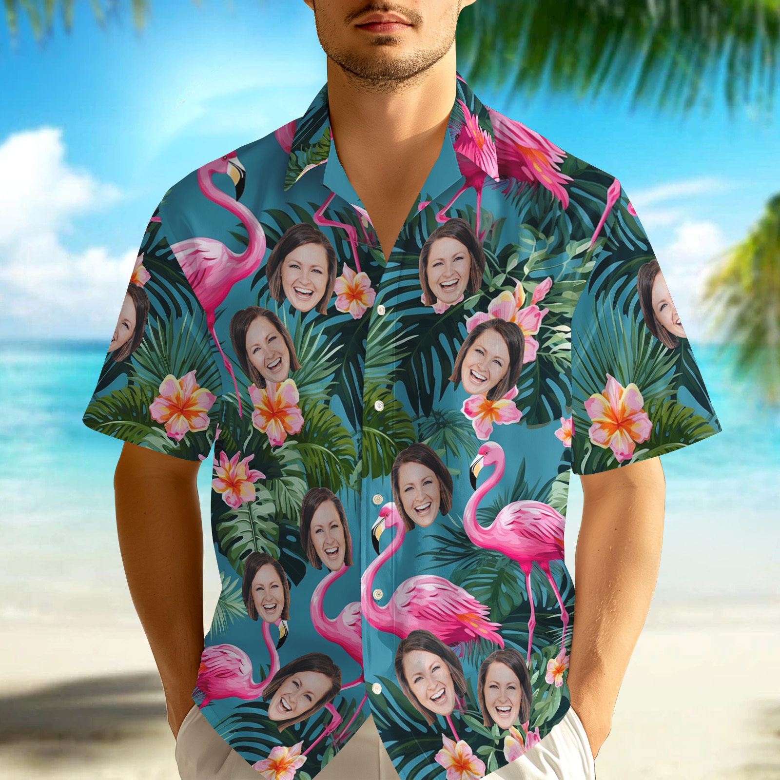 Chemise Hawaïenne Personnalisée Avec Visage, Motif Flamant Rose, Cadeau Pour La Fête Des Pères - MyHawaiianShirtsFR