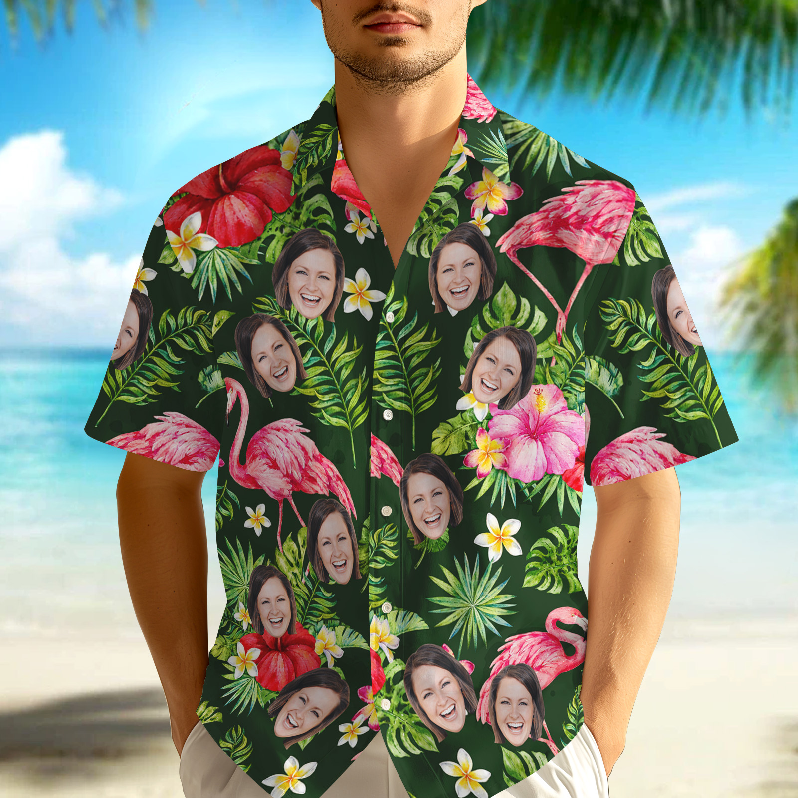 Chemise Hawaïenne Personnalisée Avec Visage Et Feuilles Vertes, Motif Flamant Rose, Cadeau Pour Lui - MyHawaiianShirtsFR