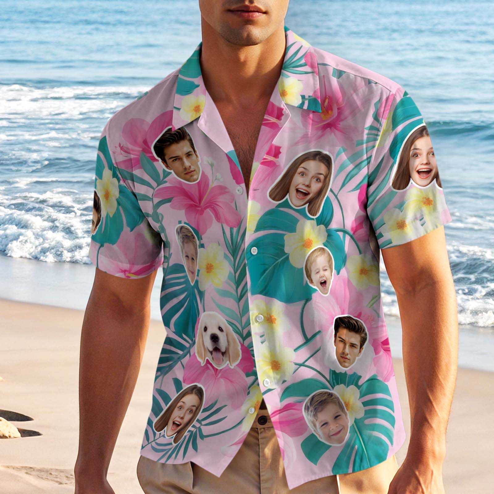 Chemise Hawaïenne Personnalisée Avec Visage, Chemise Aloha À Fleurs Roses Personnalisée, Tenue De Plage Personnalisée Pour Lui - MyHawaiianShirtsFR