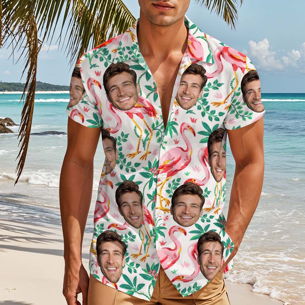 Chemise Hawaïenne Avec Visage Personnalisé, Imprimé Flamant Rose Drôle, Boutons Tropicaux Pour Hommes - MyHawaiianShirtsFR