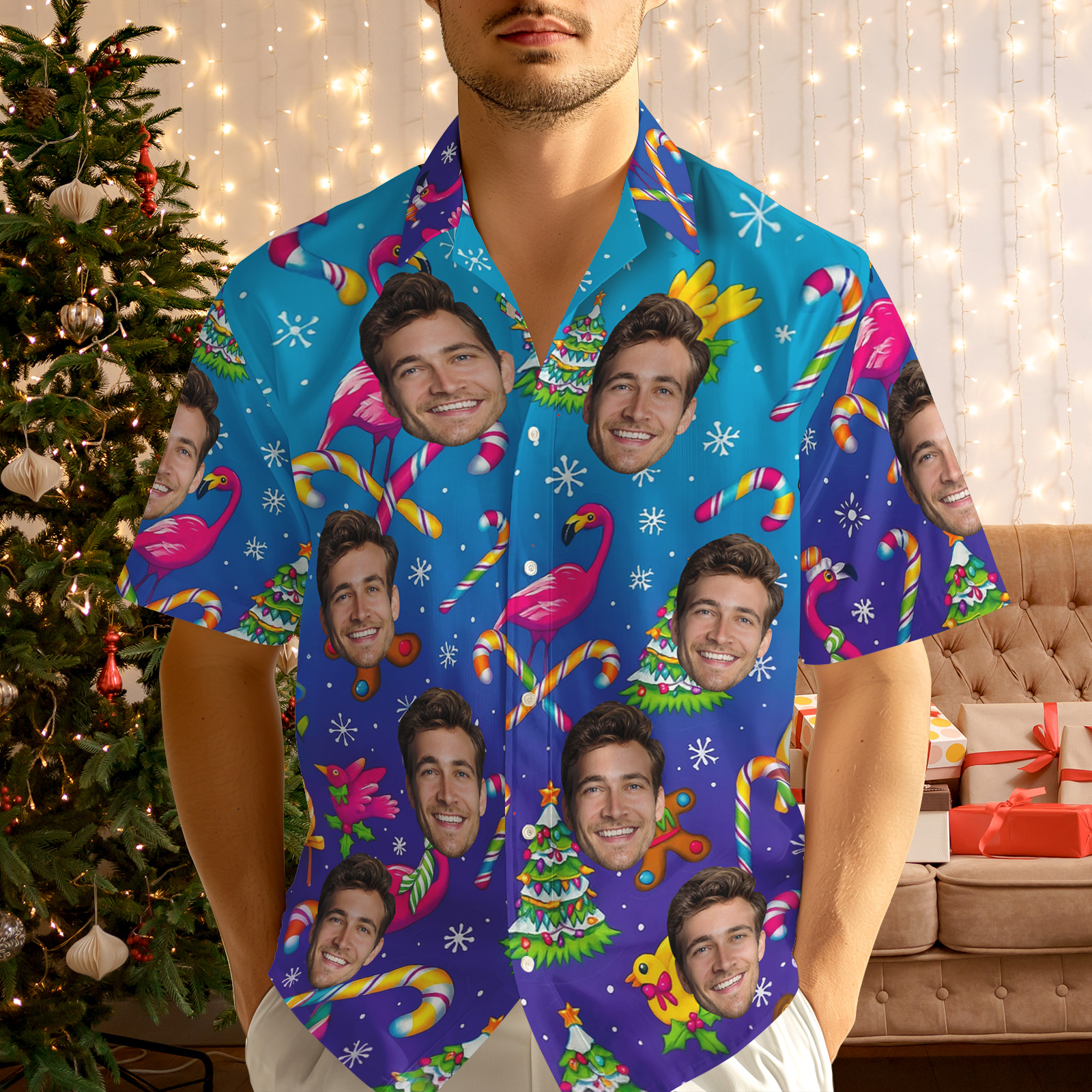 Chemise Hawaïenne Personnalisée De Noël Avec Flamant Rose Et Visage Personnalisé, Idéale Pour Les Fêtes Tropicales. - MyHawaiianShirtsFR