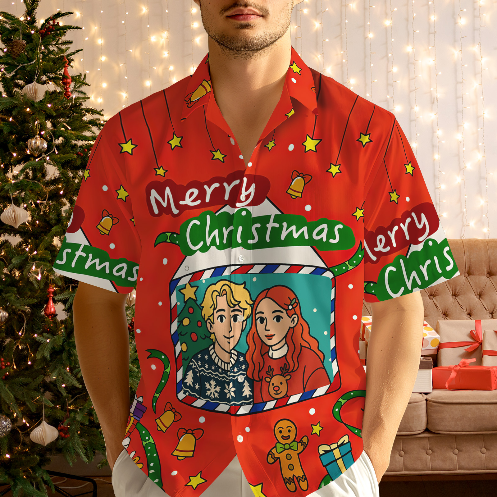 Chemise Boutonnée De Noël Avec Dessin Animé Personnalisé, Chemise De Couple De Vacances Avec Photo Personnalisée - MyHawaiianShirtsFR