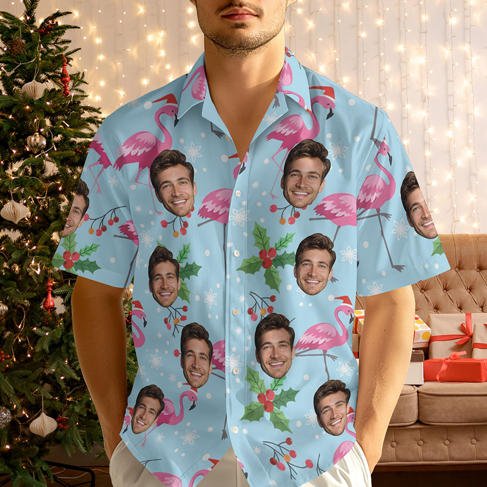 Chemise Hawaïenne Personnalisée Avec Un Flamant Rose Pour Noël Et Une Photo De Vacances - MyHawaiianShirtsFR