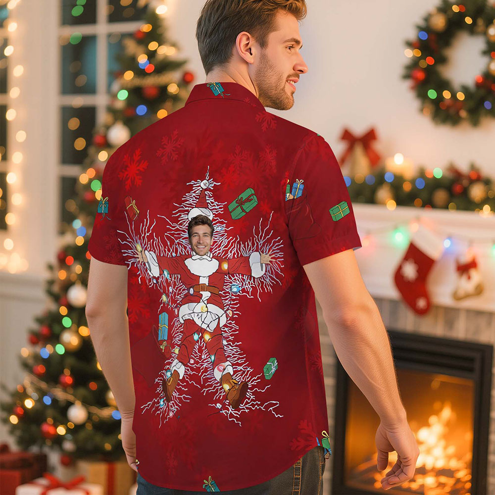 Chemise Personnalisée Avec Photo De Flocon De Neige Rouge De Noël, Imprimée Avec Le Visage Des Fêtes, À Boutons