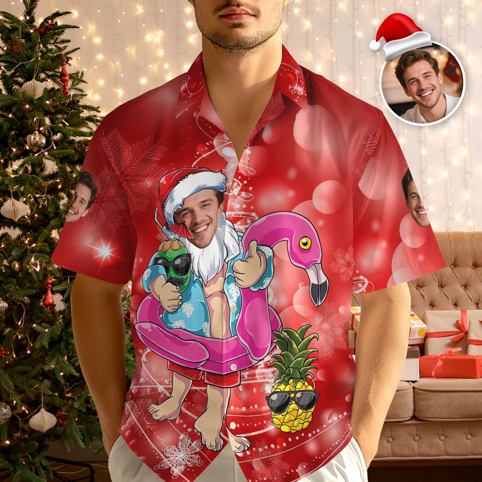 Chemise Hawaïenne De Noël Personnalisée Avec Flamant Rose Rouge Et Père Noël - Motif Tropical Festif - MyHawaiianShirtsFR