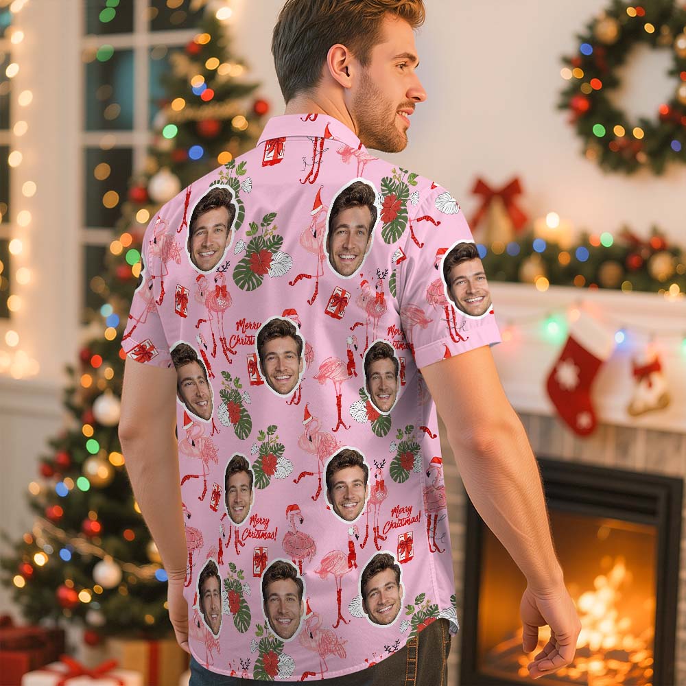 Chemise Hawaïenne Personnalisée Avec Photo, Motif Flamant Rose Et Flocons De Neige De Noël, Ornée De Jolis Éléments Festifs