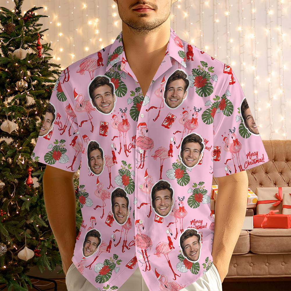 Chemise Hawaïenne Personnalisée Avec Photo, Motif Flamant Rose Et Flocons De Neige De Noël, Ornée De Jolis Éléments Festifs - MyHawaiianShirtsFR
